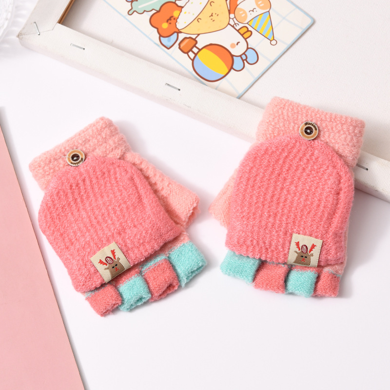 Picture of Children's flip gloves autumn and winter boys half finger warm cute Primary School students writing knitted dual-purpose gloves wholesale