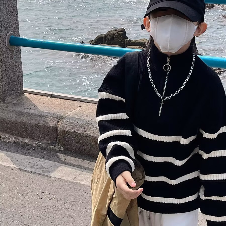 Boys' Knitwears, Autumn and Winter Fashionable Knitwears, Kidsren's Stripesd Long-Sleeved Pullover Half-Zip Lazy Style Knitwear Tops