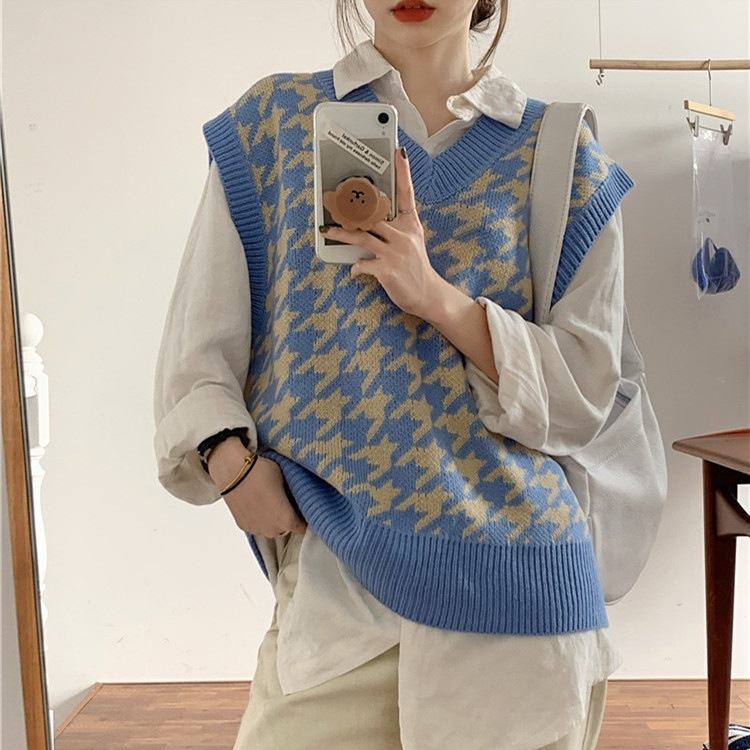 Picture of Houndstooth Vest Knitted Sweater 2022 Women's Autumn New Korean Loose Outer Wear Pullover Sweater Top