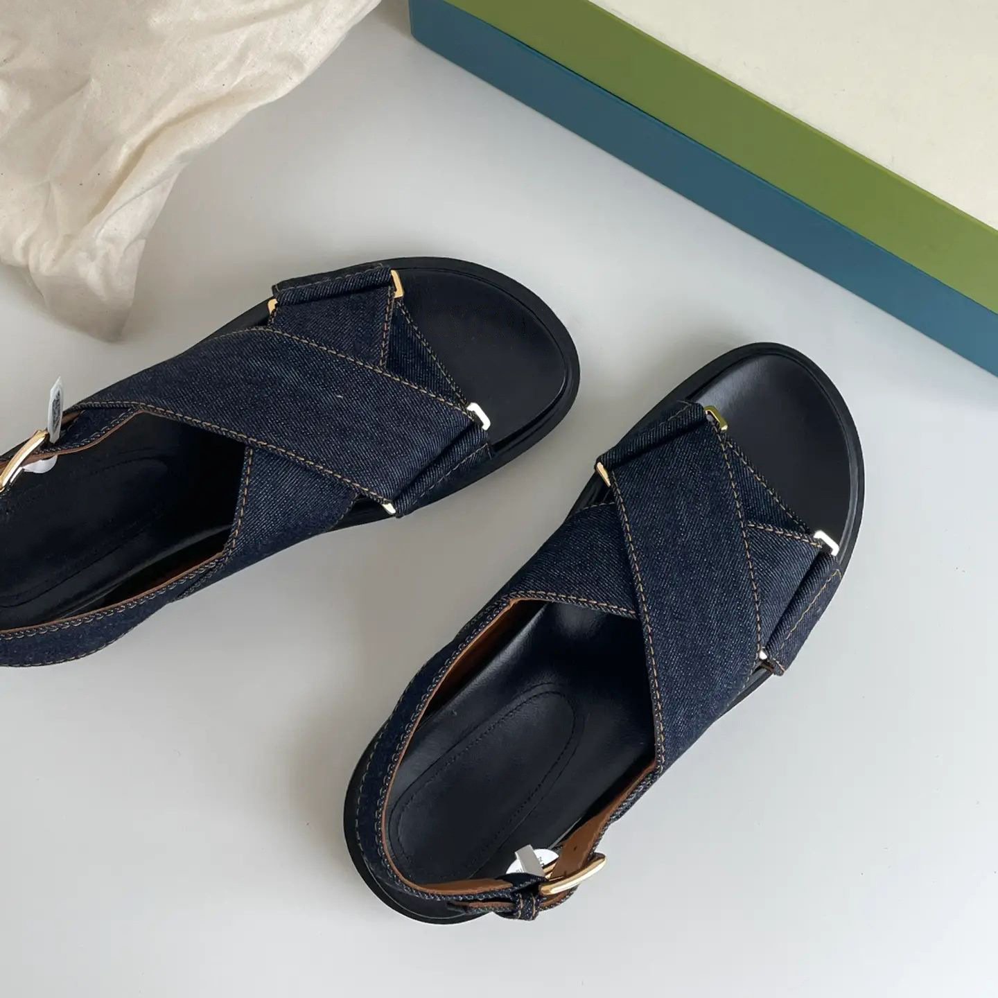 Sheepskin Version ~ Denim Cross Thick-Soled Roman Sandals for Women's Summer Outer Wear Retro Open-Toe Genuine Leather Platform Sandals