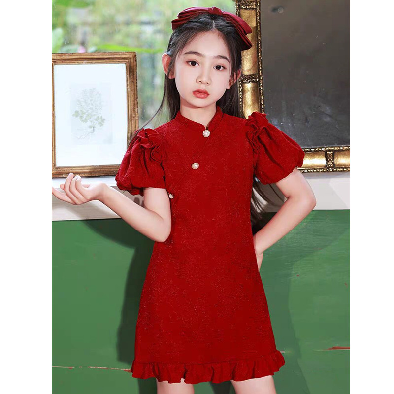 Girls Cheongsam Summer Dress Retro Princess Dress New Chinese Style Red Children's dress Summer Girl Performance Dress