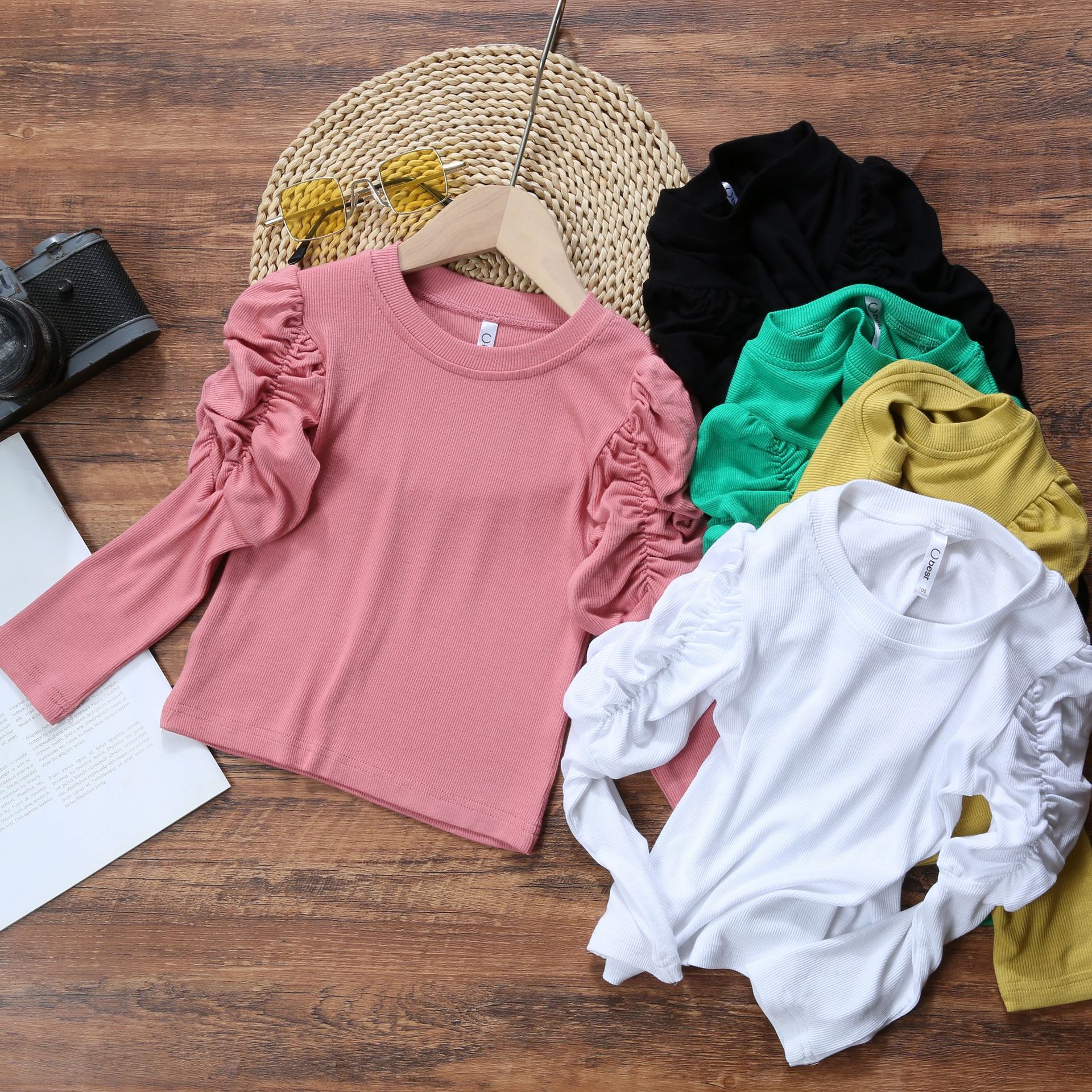 Children's Wear Korean-style Autumn and Winter Puffy Princess Sleeve Baby Girl's Long Sleeve T-shirt Round Neck Top Solid Color All-match Loss-making Clearance