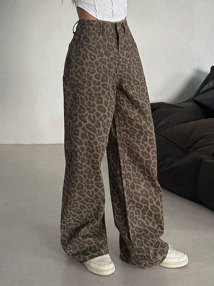 Picture of European and American Spring and Autumn New Leopard Print All-match Jeans Women's Retro Design Niche Loose Straight Casual Wide-leg Pants