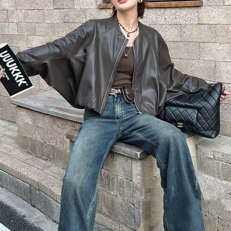 Picture of 2025 Autumn and Winter New Batman Loose Casual Fit Leather Tops Women's Easiest for Match Slim Long Sleeve Pu Soft Leather Top Trendy