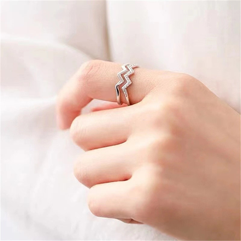Picture of Japanese and Korean-style Double-layer Diamond Heart Wave Line Ring for Women Simple All-match Trendy Cold Style Open Finger Ring