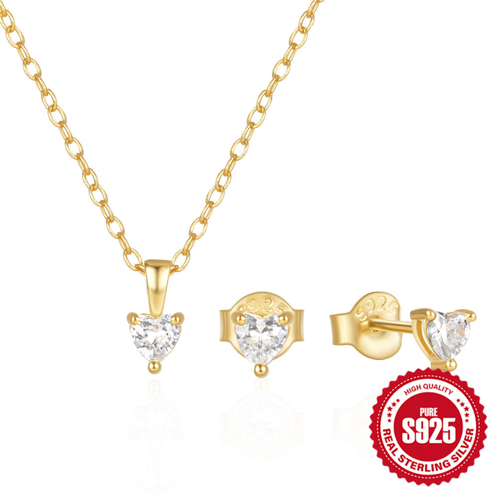 Casual Ins Style S925 Sterling Silver Heart-Shaped Earrings/Necklace Set Clavicle Chain Jewelry Set Jewelry Set