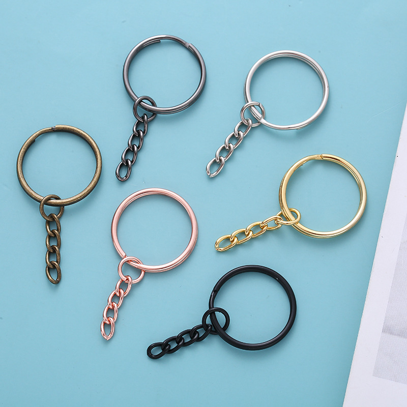 Wholesale diy key ring with chain 25 aperture flat wreath double ring with chain metal key ring key ring chain