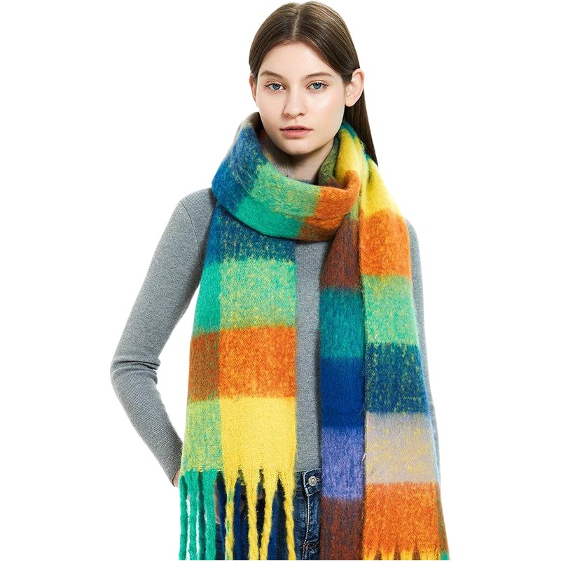 Foreign Trade European and American Winter Scarf Thickeneded Shawl Women's Rainbow Plaid Imitation Mohair Extended Tassel Plaid Scarf