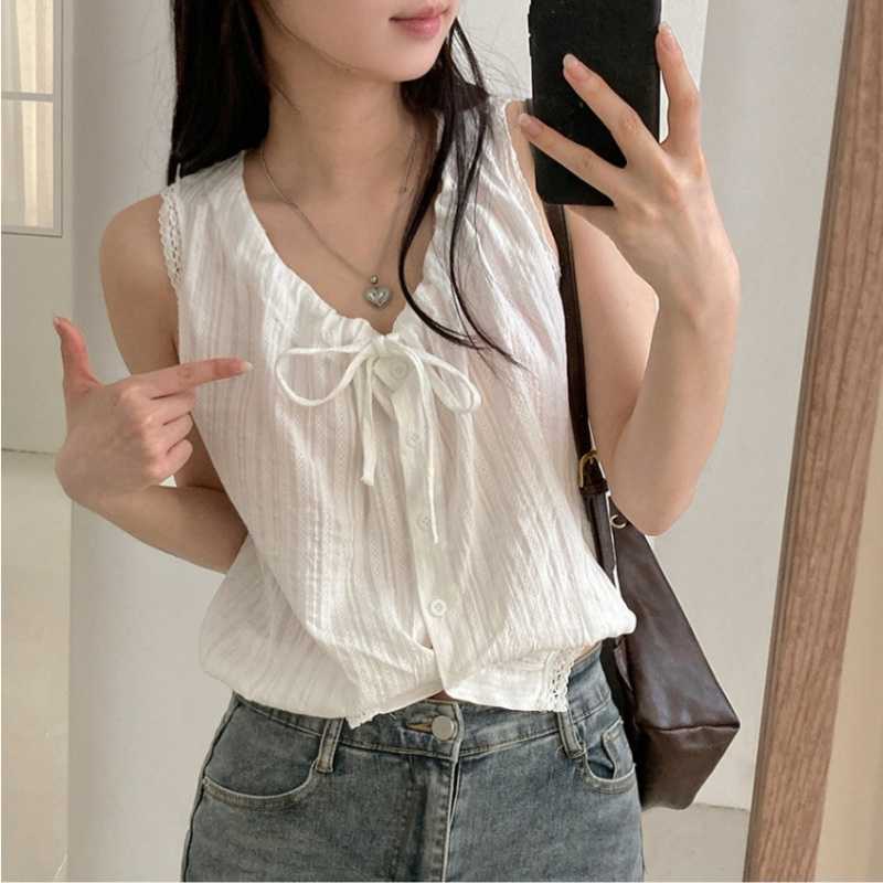 Design Sense Niche Sleeveless Lace-up Shirt Women's Fresh All-match Slim-fit Plaid Shirt