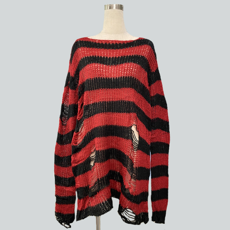 Picture of Mohair New European and American Export Loose Stripesd Knitwear Women's Mid-Length Pullover Hole Thin Cross-Border Knitwear