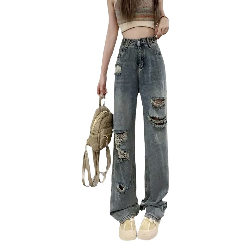 American retro ripped jeans for women 2023 Winter new design sense small wide-leg pants mop long pants