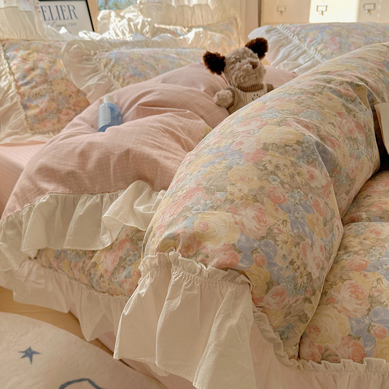 Korean version of lace cotton small floral bed four-piece cotton bed sheet bedding quilt cover three-piece group purchase wholesale