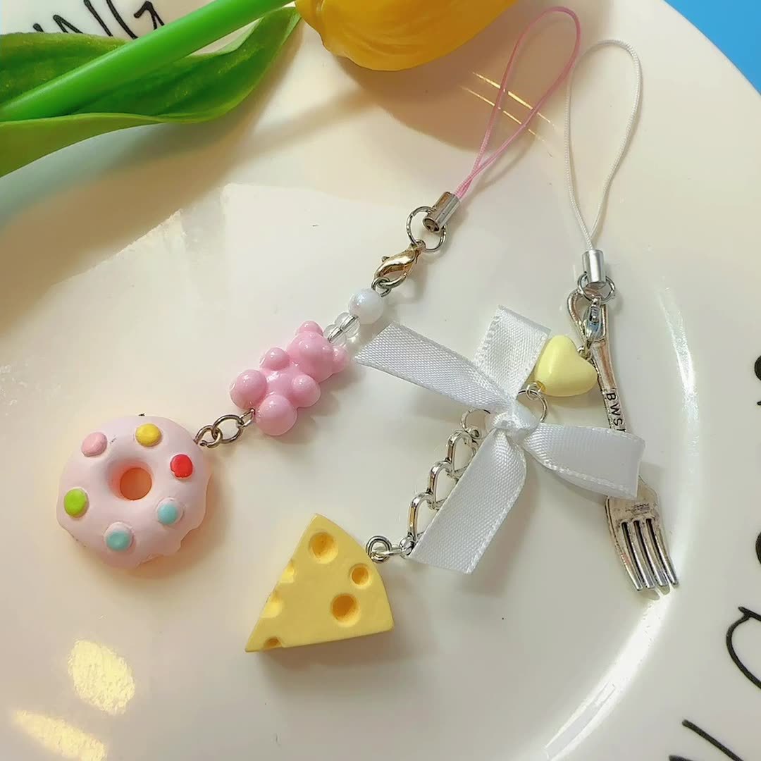 Cute [Cheese Donut] Beaded Mobile Phone Chain Goo Card Pendant Cute Niche Ins Hanging Simple Ins Style