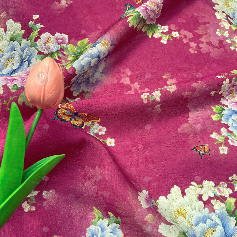 Butterfly play spring scarlet new Chinese style Hanfu cheongsam dress fabric handmade DIY fabric Tencel jacquard fabric