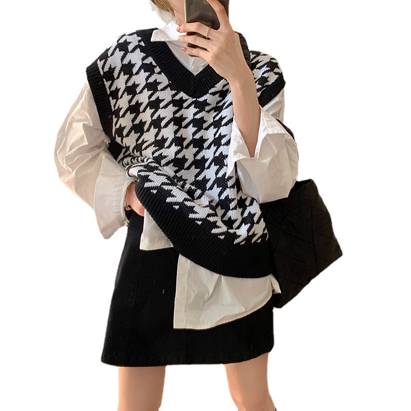 Picture of Houndstooth Vest Knitted Sweater 2022 Women's Autumn New Korean Loose Outer Wear Pullover Sweater Top