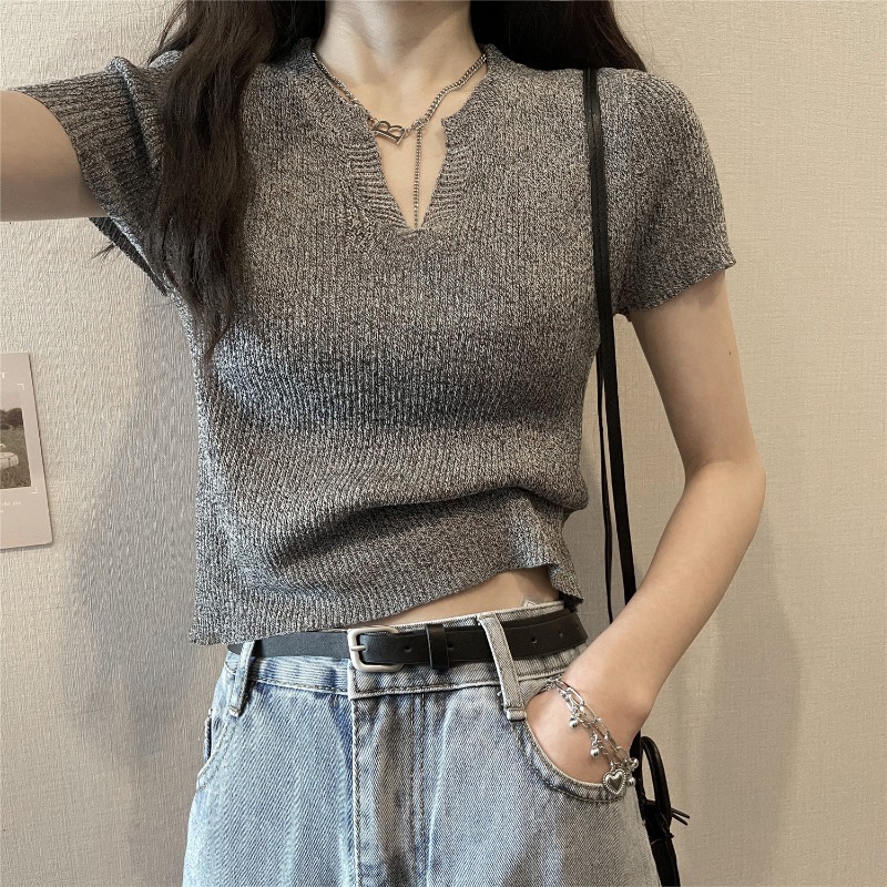 Summer 2021 New Korean style elegant V-neck slim-fit slimming short-sleeved sweater women's thin top fashion