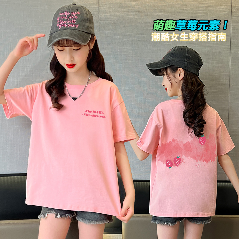 Picture of Girls' Short-sleeved Pure Cotton T-shirt Summer New Arrival Loose Sports Cartoon Printed Top Western Style Half-sleeved T-shirt Girls' Children's Wear