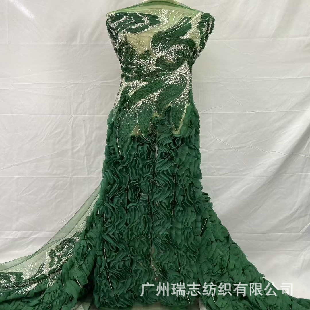 Stage costume designer fabric new stripe three-dimensional disc embroidery wedding dress mesh lace embroidery fabric lace