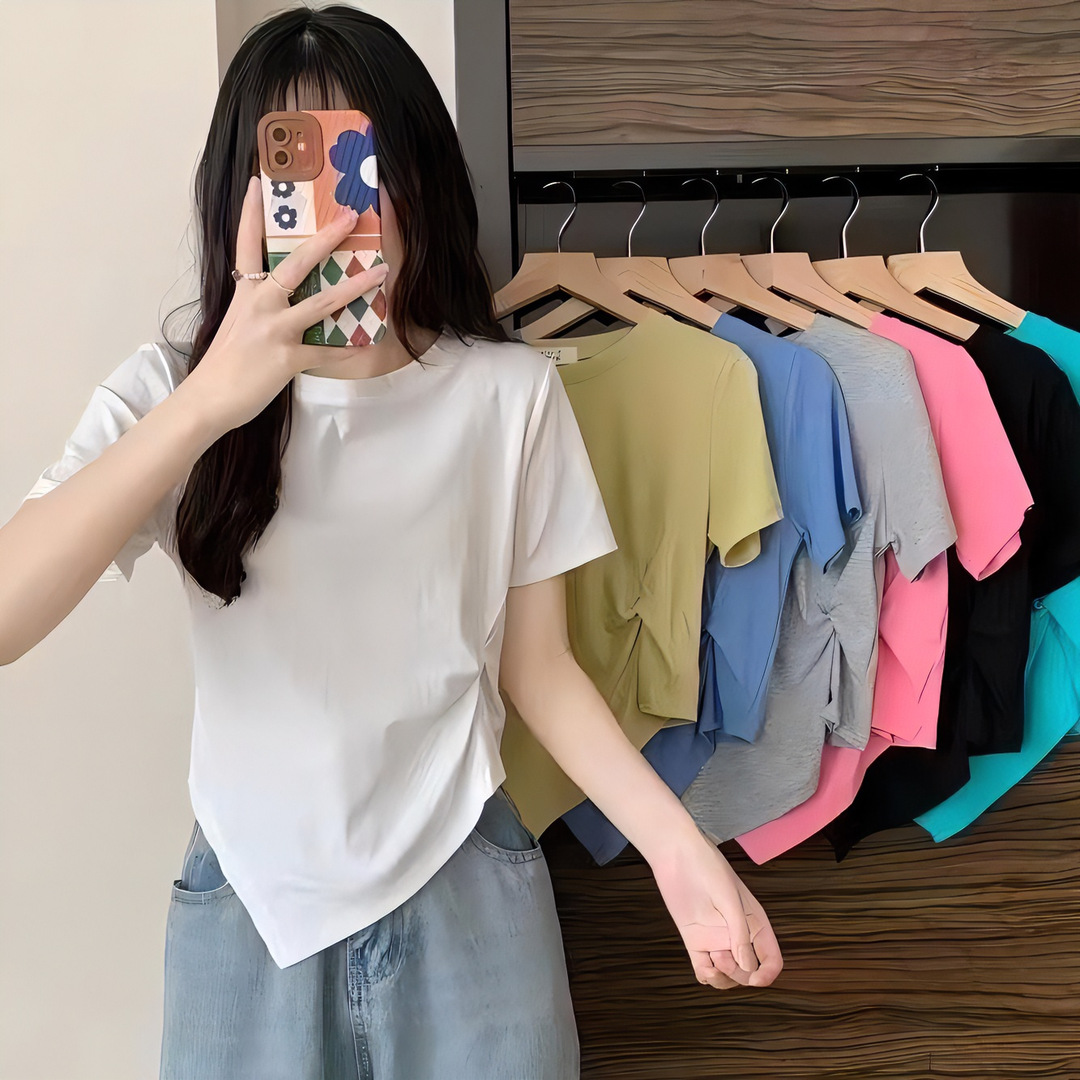 Irregular Short-Sleeved T-Shirt for Women 2025 New Summer Scheming Design Niche Half-Sleeved High-Waisted Short Top