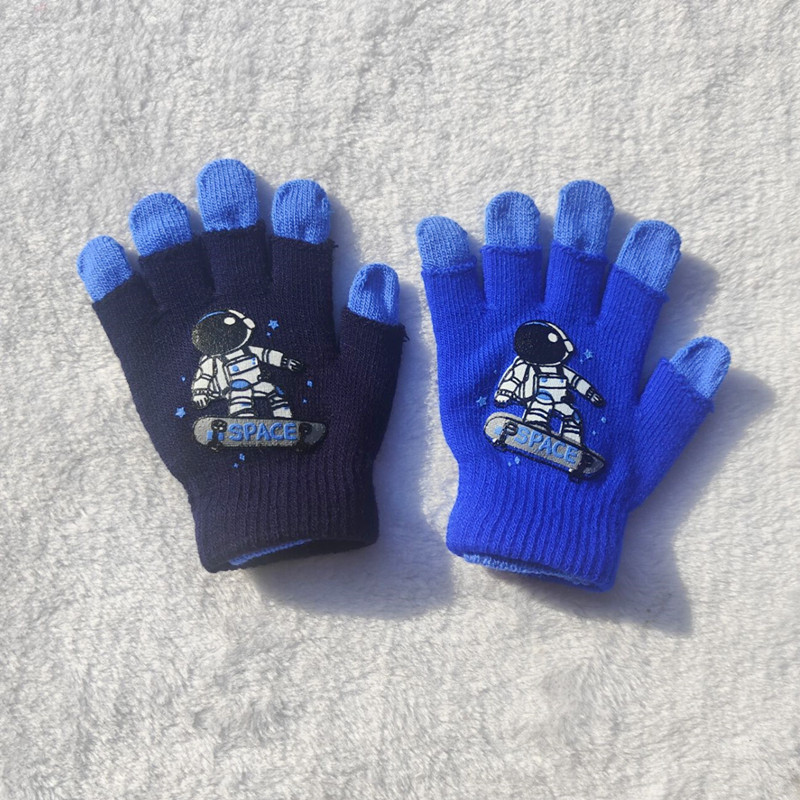 Picture of Children's gloves for boys and girls double-layer three-use autumn and winter warm Student five-finger children knitted astronaut gloves wholesale