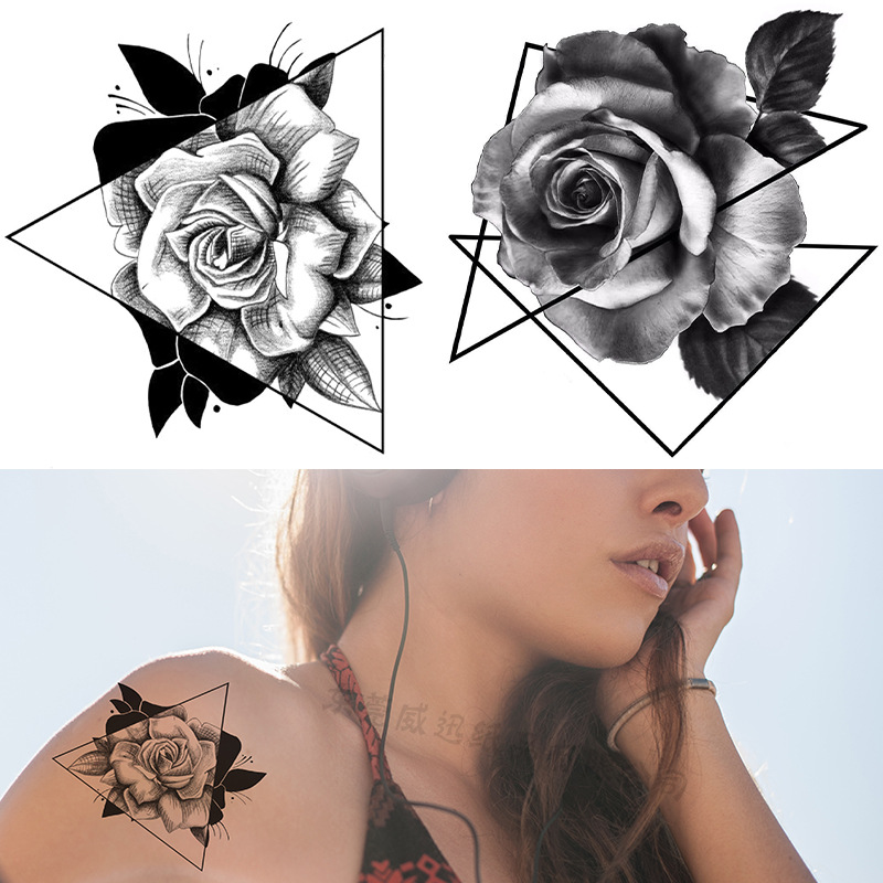 Picture of Cross-Border Supply of Sketch Flower Tattoo Stickers, Sketch Tattoo Stickers, Rose Flower Black and White Flower Tattoo