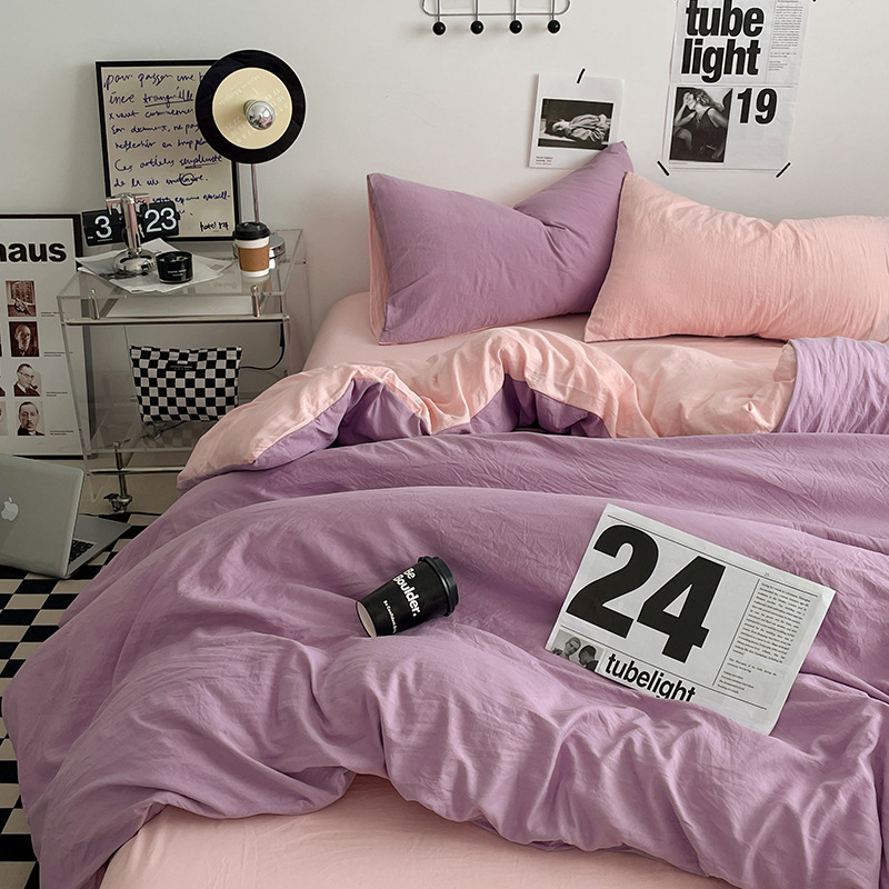 Picture of Four-piece bed set A can sleep naked wash cotton quilt cover solid color bed sheets student dormitory three-piece bed hat wholesale 4