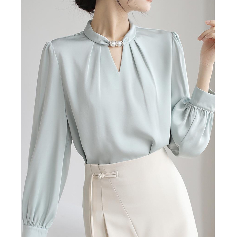 French Niche Halter Stand Collar Beaded Shirt for Women 2025 Autumn New Pullover Satin Elegant Work Clothing Professional Top
