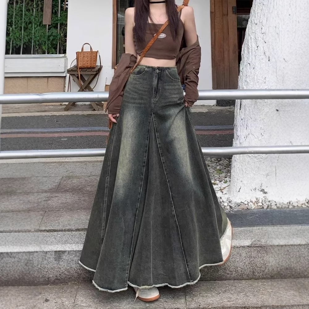 American Style Retro Denim Skirt Women's Autumn New High Waist Slimming Mid-length A- line Hip Fishtail Large Skirt