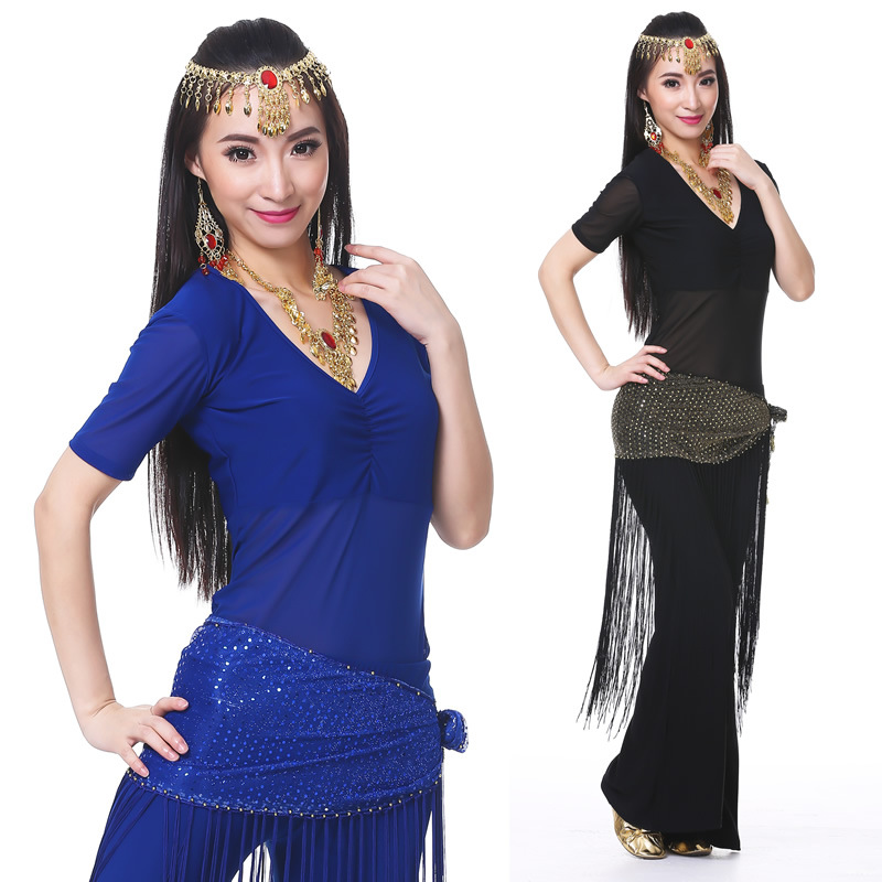 Picture of Dancer's Mid-crumpled Semi-transparent Yarn Short-sleeved Belly Dance Clothes Practice Clothes Clothing Practice Clothes suit New Summer