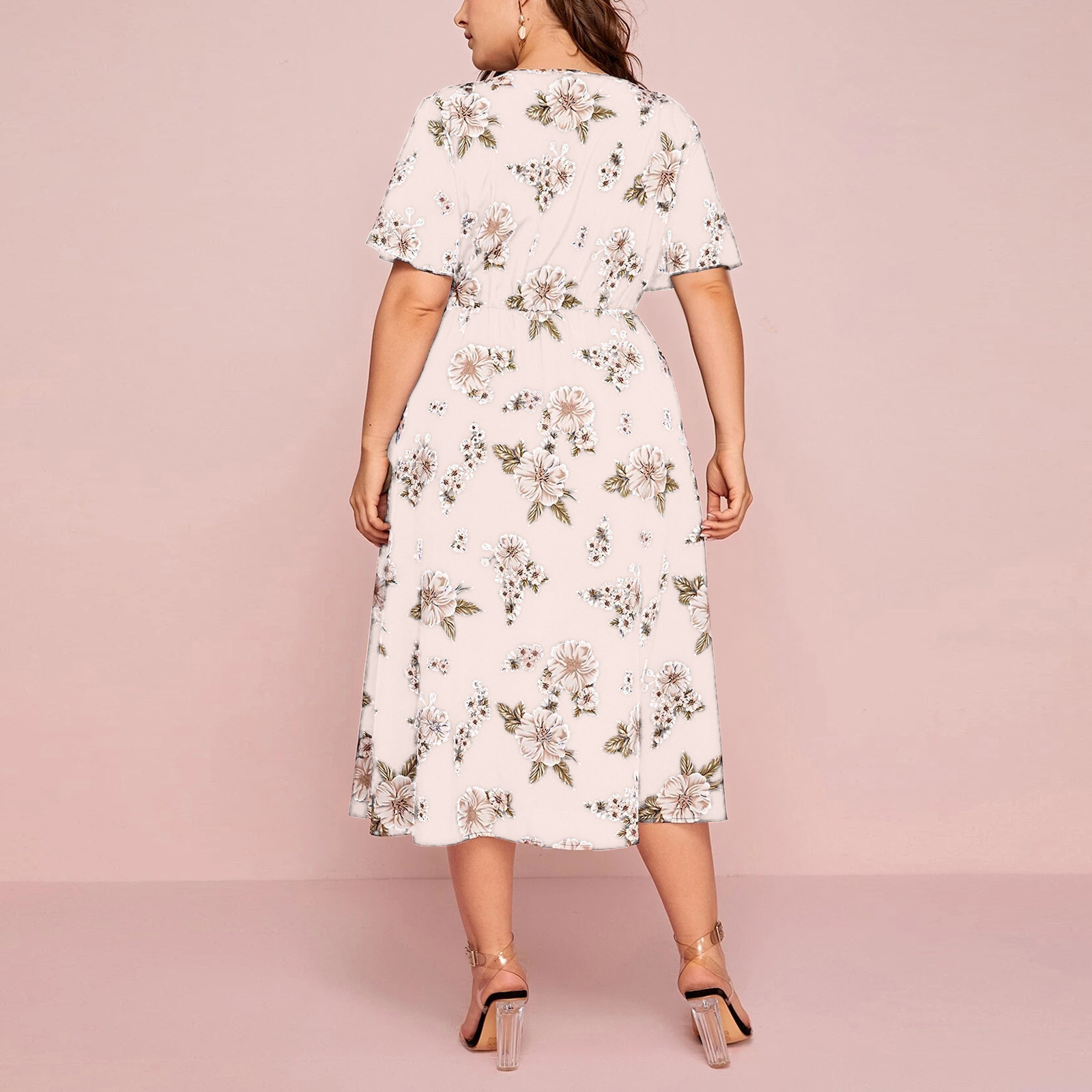 Picture of plus size Women's Floral Print V-neck Short-sleeved dress European and American-style Loose-fit Mid-length Chiffon Skirt