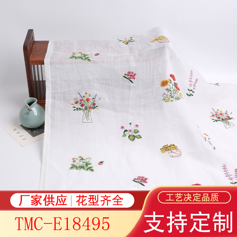 Full Linen Multicolor Floral Embroidered Fabric Children's Wear Bag Tea Mat Fabric