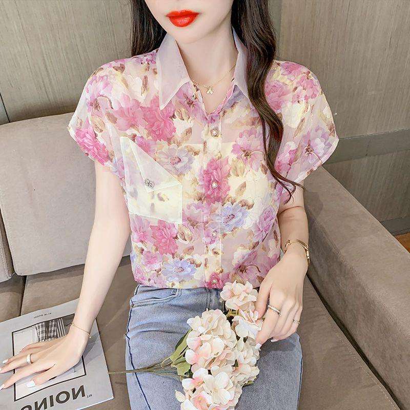 Shirt summer short sleeve floral chiffon small shirt women's clothing 2023 new western style fashionable temperament fashionable top
