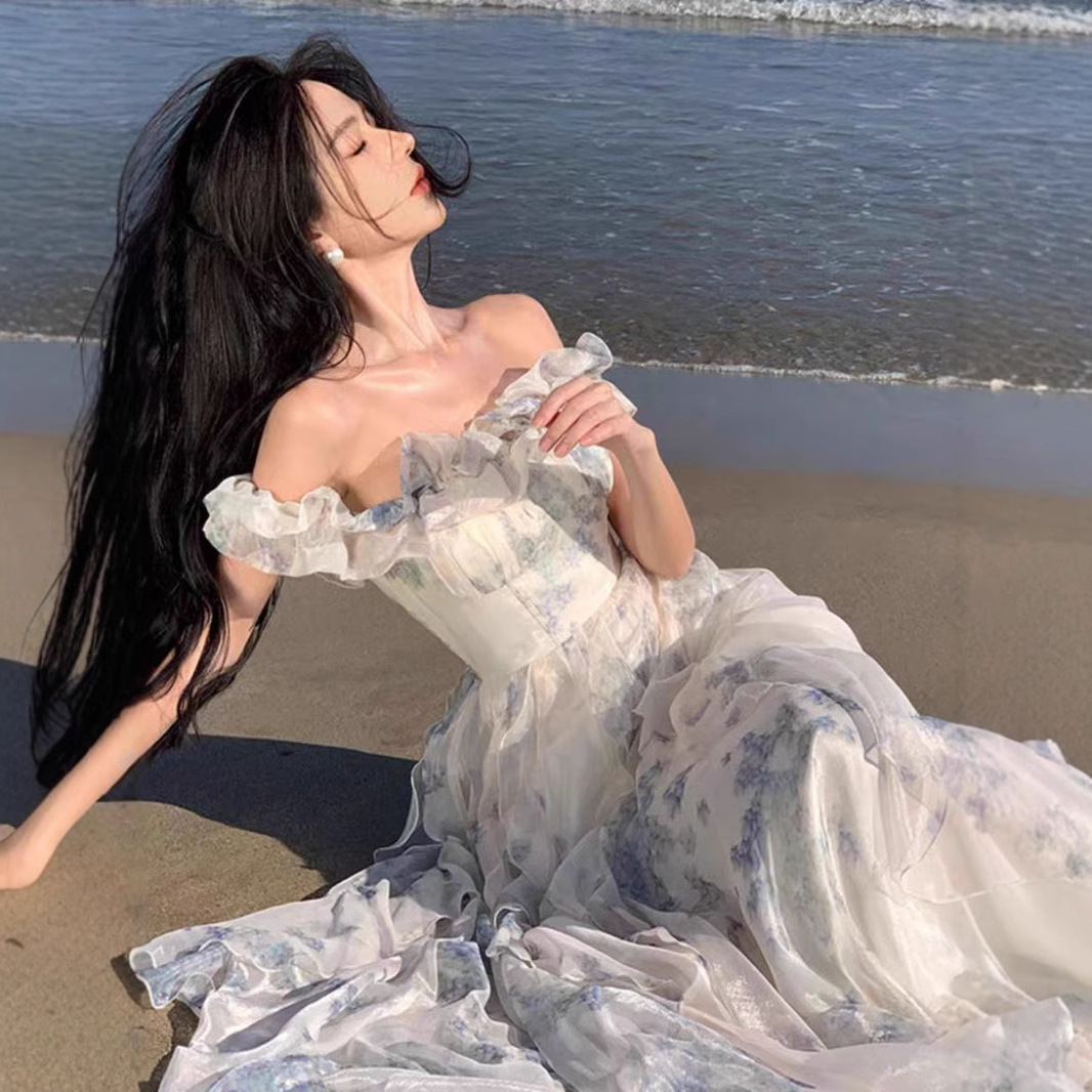 Picture of Seaside Holiday Style Suspender Dress Yarn French Ruffled Beach dress Atmosphere Long Dress Elegant Fairy Style