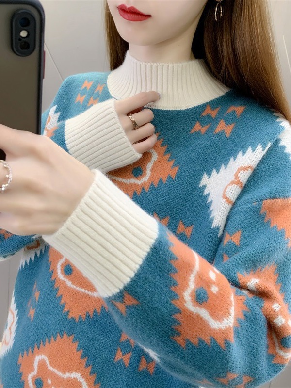 Picture of Thickened sweater women's autumn and winter 2024 new fashion jacquard loose half turtleneck bottoming sweater top