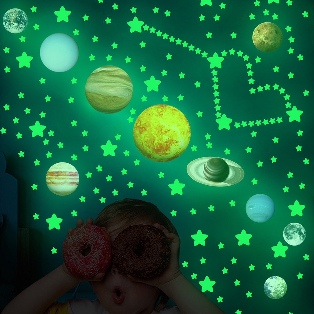 Cross-border Top Ten Planets Luminous Stickers Children's Room Teaching Fluorescent Wallpaper Space Moon Stars Luminous Wall Stickers