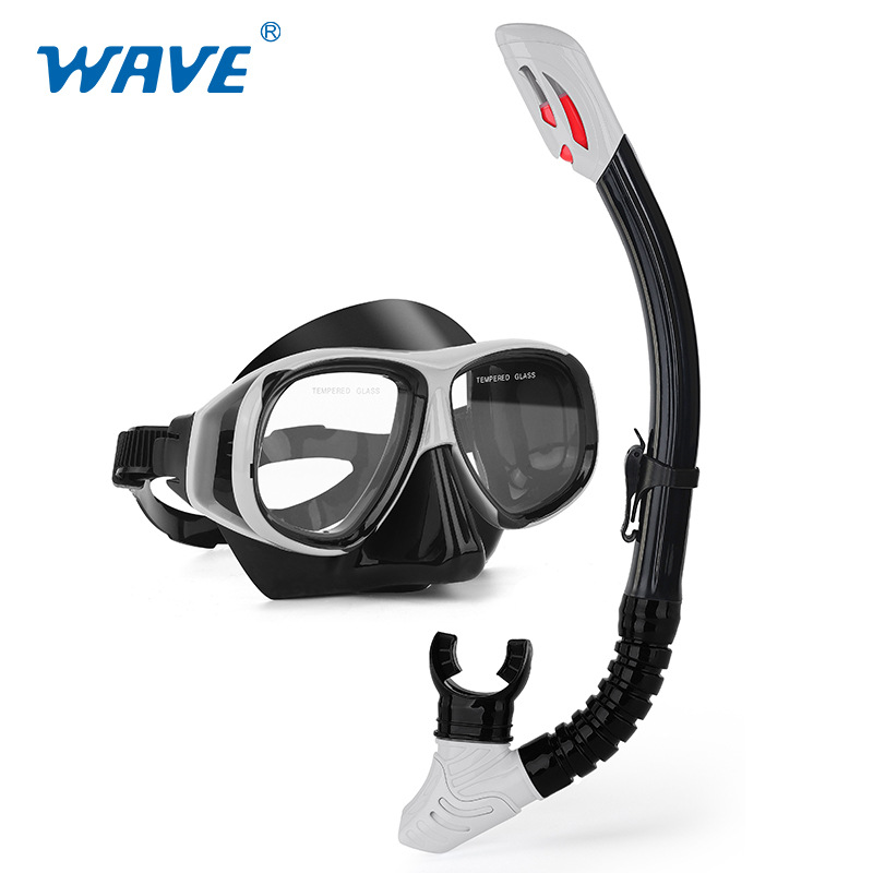 Picture of wave professional snorkeling two-piece silicone full dry breathing tube large frame with degrees diving goggles