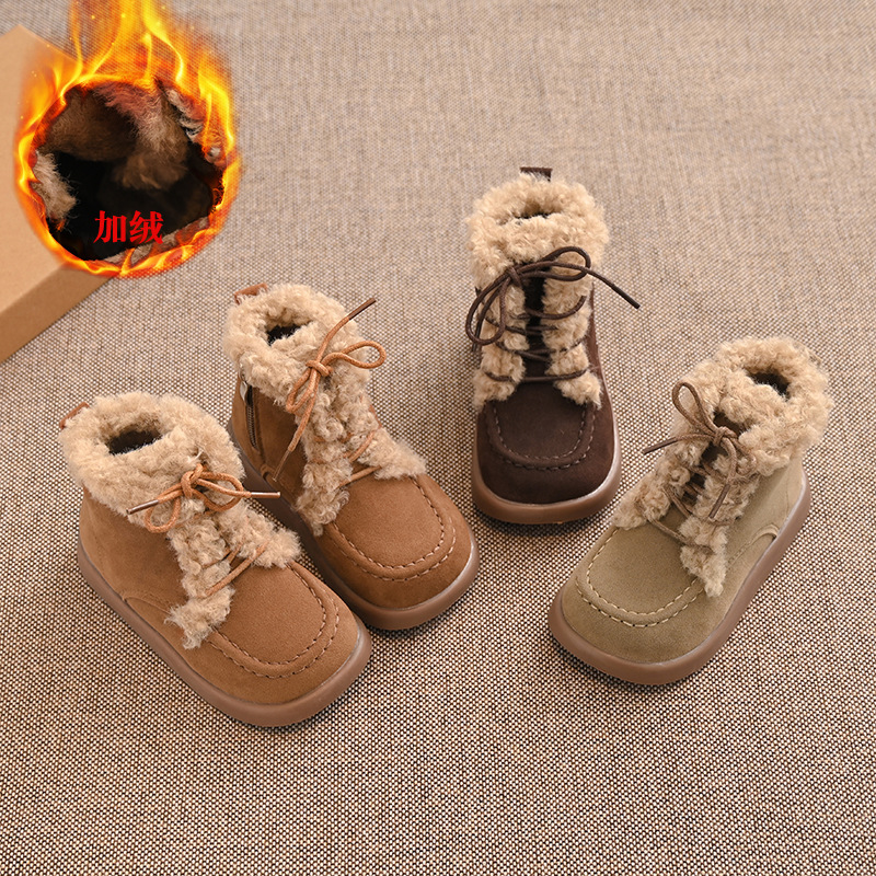 Korean Style Kidsren's Warm Short Boots 2025 Winter New Girls' Non-Slip Boots Boys' Fleece-Lined Cotton Boots