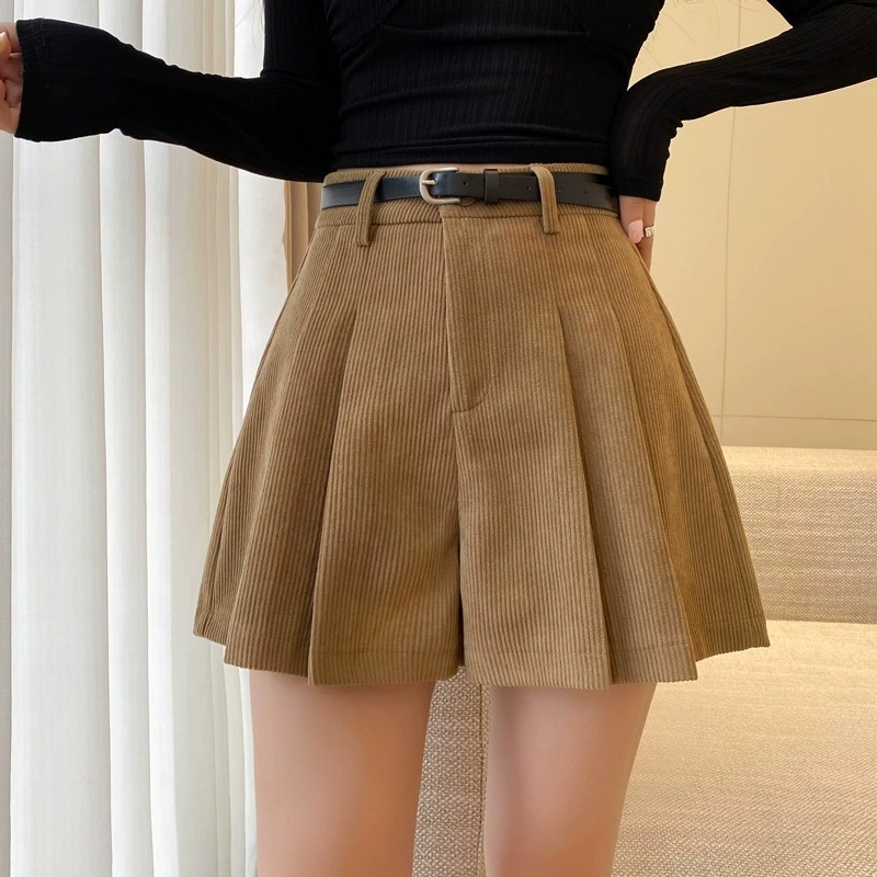 2023 Autumn and Winter Large Size Fat mm Black Wide-Leg Pants High-Waist Outer Wear Corduroy A-Line Pleated Shorts Casual Boot Pants