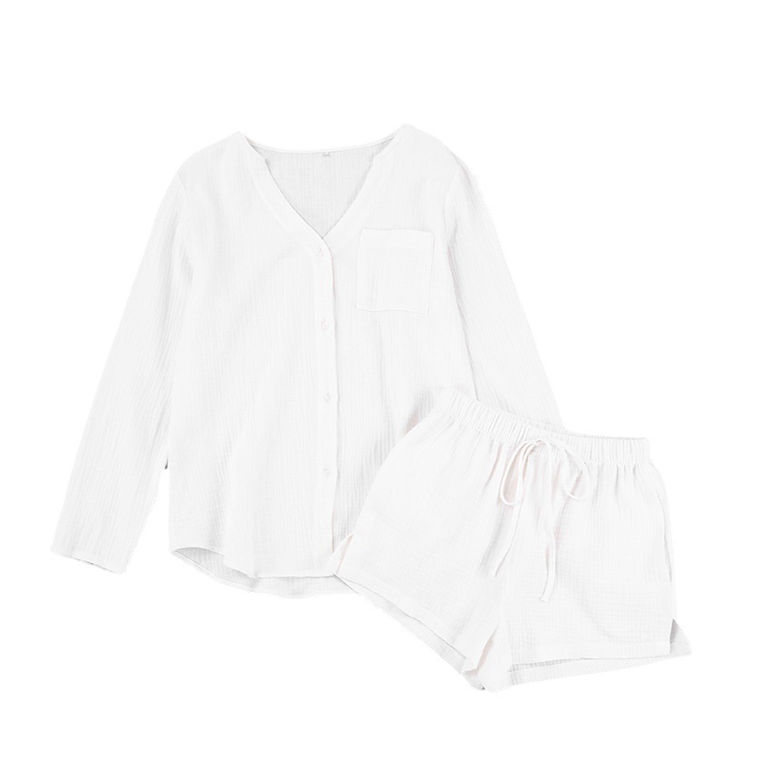 2025 Summer Pajamas Double-Layer Gauze Long-Sleeved Shorts Cotton Air-Conditioned Clothes Fashionable White Women's Home Clothes Set