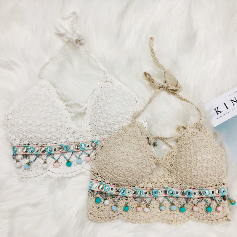 Real shot ethnic style camisole women's summer outdoor seaside vacation short sexy hollow crocheted knitted top fashion