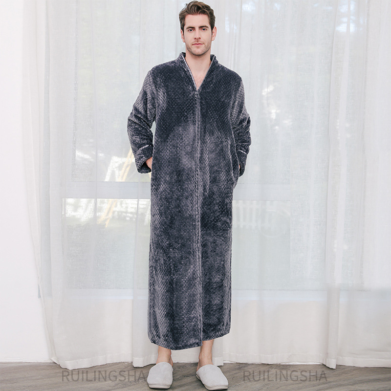 Picture of Couple Autumn and Winter Thickeneded Warm Flannel Nightgown Women's Long Men's Large Size Coral Velvet Bathrobe Zipper Pajama Dress