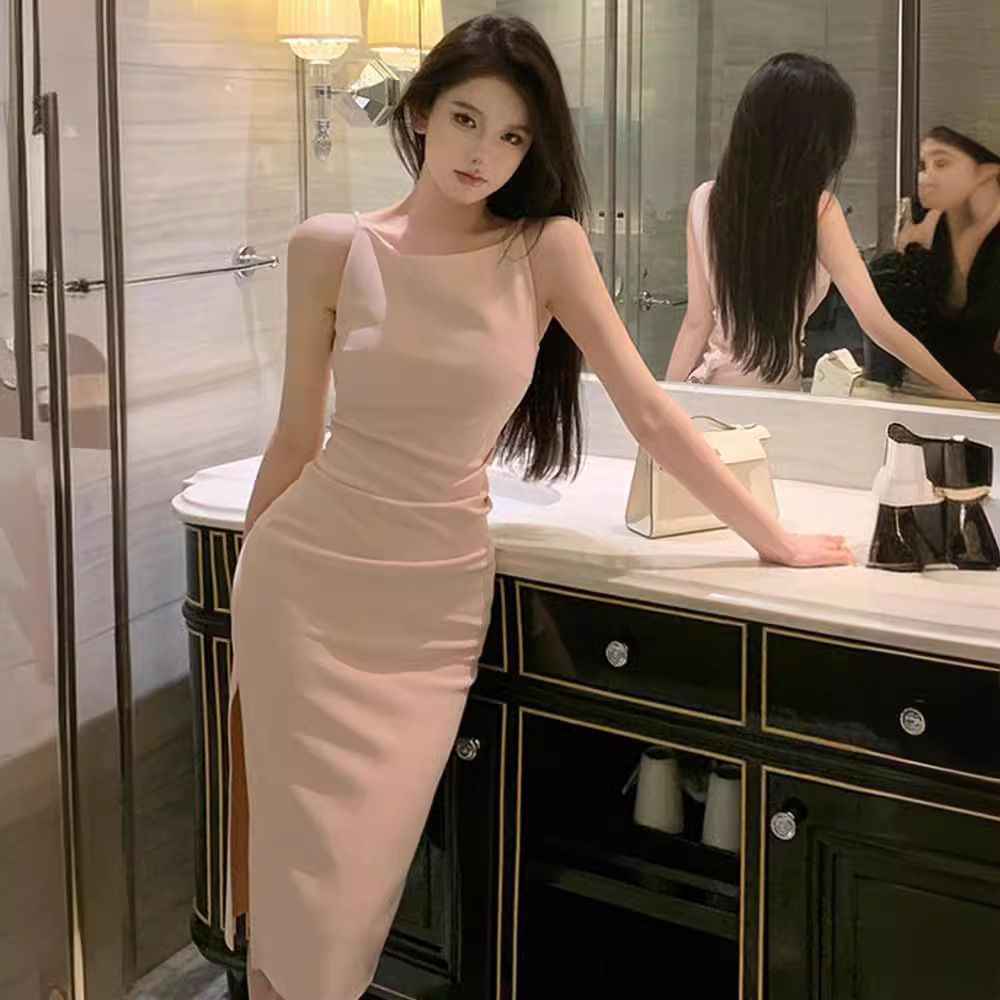 French style beautiful off-shoulder pink dress women's summer slim fit tight waist sweet hot girl sexy sling sheath dress