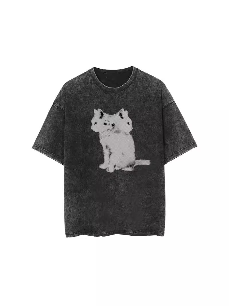 Vintage Painting Cat Casual Antique Washed T-Shirt