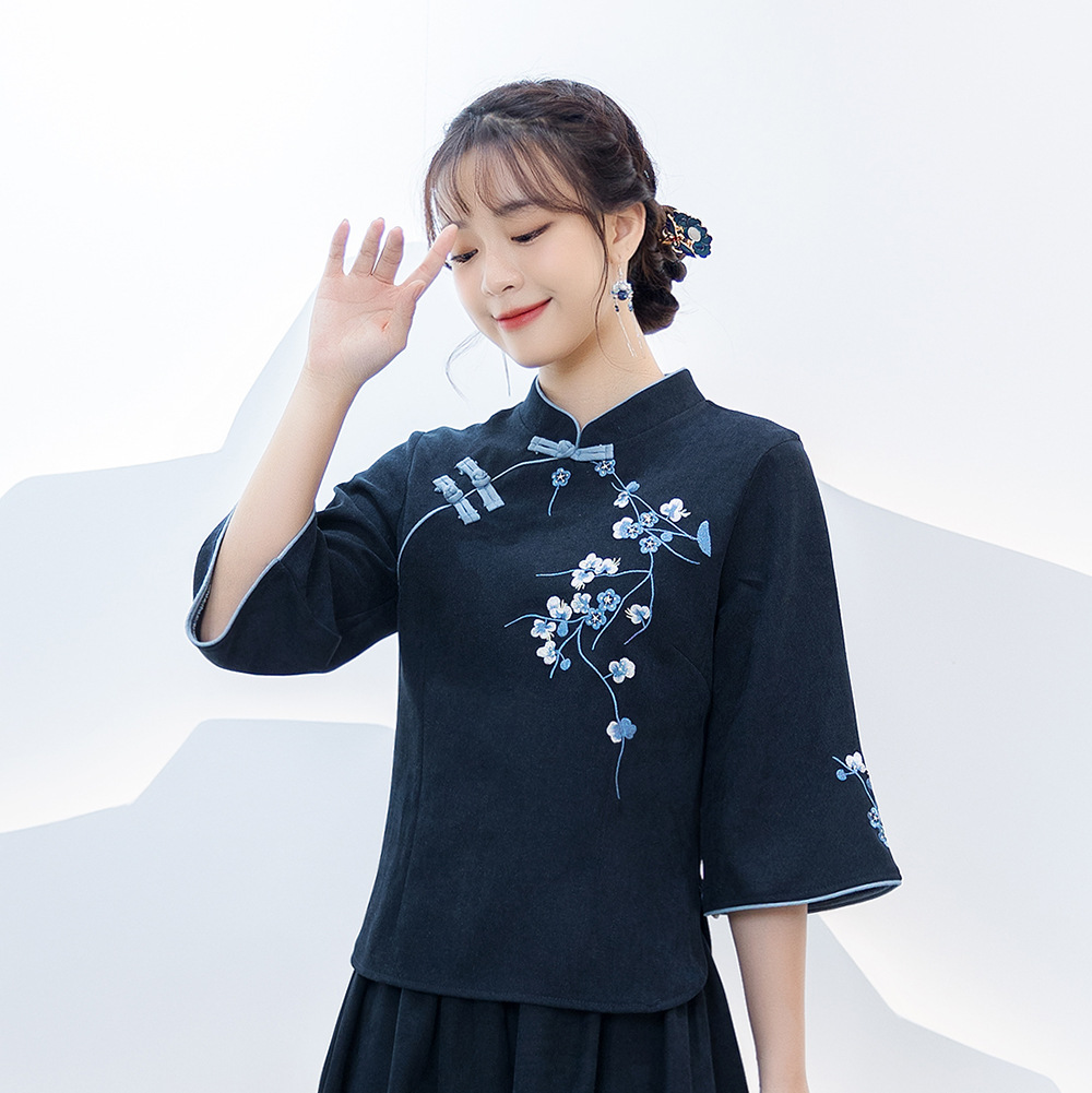 Picture of Republic of China Style Student Female Retro Autumn Embroidered Vertical Collar Buckle Chinese Zhongshan Suit Girlfriend Han Element Orchid Two-Piece Set
