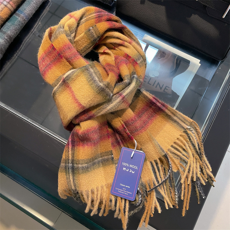 Korean Style Yellow and Red Plaid Tassel Wool Scarf Women's Winter Japanese Students Travel All-match Fashionable Scarf Casual