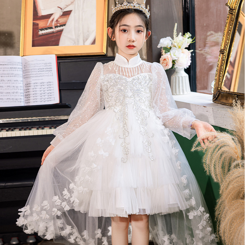 Amazon New Girls' Dress Tail Lace Pouch Dress Flower Girl Banquet Performance Dress Cross Border in stock