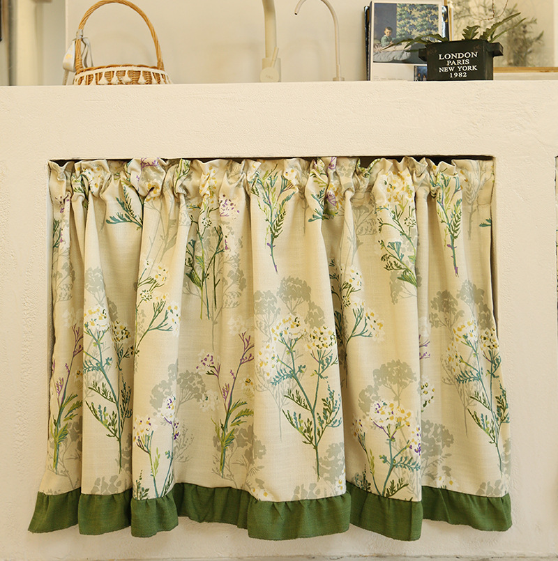 American Curtain Half Curtain Country Lotus Leaf Flower Shading Hook Punch-free Door Curtain