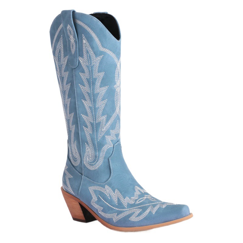 Knight Boots Foreign Trade Chunky Heel High Heel Super Large Size Embroidered High Boots Fashion Boots Cowboy Sleeve Women's Western Cowboy Boots
