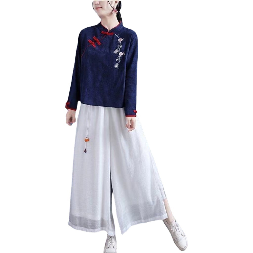 Artistic Retro Embroidered Cotton and Linen Shirt Chinese Zen Style Set Collar Button Short Top Autumn Long Sleeve Tea Dress Women's Clothing