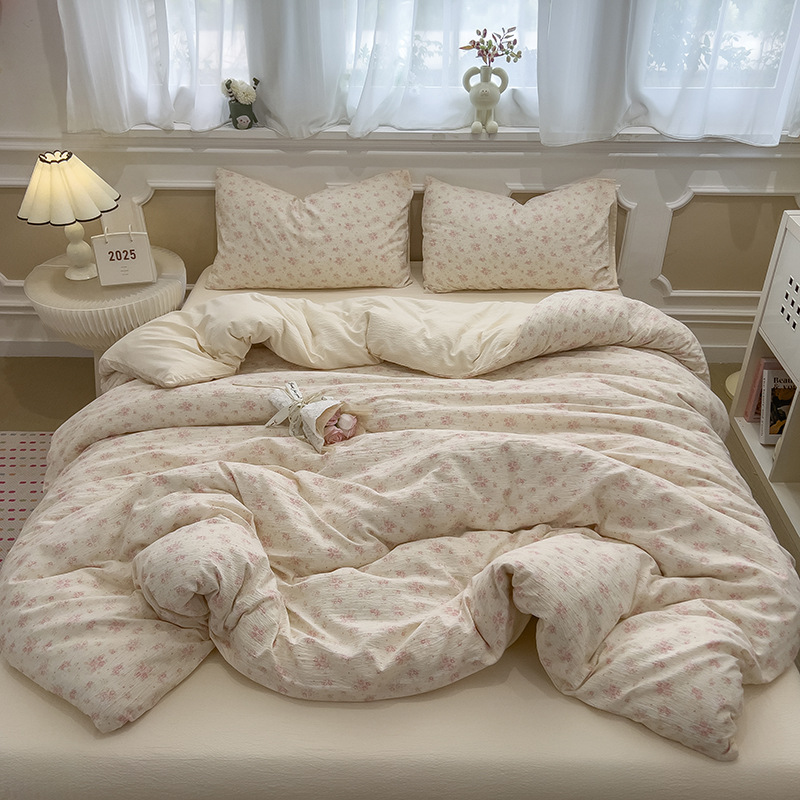 Picture of Double-Layer Gauze Wrinkled Cotton Bed Four-Piece Set Small Fresh Quilt Cover Home Ins Style Floral Summer New Three-Piece Set